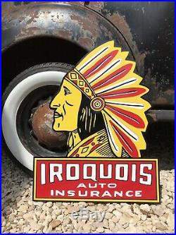 Antique Vintage Old Style Iroquois Chief Auto Insurance Gas Oil Sign