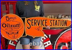 Antique Vintage Old Style Sign Oilzum Service 46x17 NOT Porcelain Made in USA