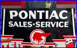 Antique Vintage Old Style Sign Pontiac Service 47x22 NOT Porcelain Made in USA Antique Vintage Old Style Sign Pontiac Service 47x22 NOT Porcelain Made in USA