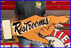 Antique Vintage Old Style Sign Restroom Pointing 36x18 NOT Porcelain Made in USA