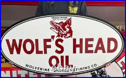Antique Vintage Old Style Sign Wolfs Head Oil 47x23 NOT Porcelain Made in USA Antique Vintage Old Style Sign Wolfs Head Oil 47x23 NOT Porcelain Made in USA