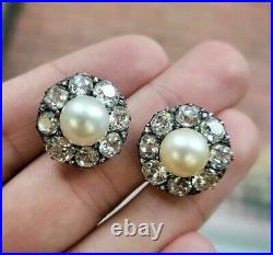 Antique Vintage Style Pearl & Old European Cut Halo Stud Earrings Wedding Jewel