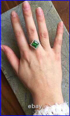 Antique Vintage Style Princess Cut Green 4.59CT Emerald & Old Mine Cut CZ Ring
