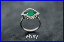 Antique Vintage Style Princess Cut Green 4.59CT Emerald & Old Mine Cut CZ Ring
