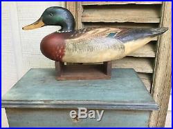 Antique vintage old wooden working Crowell style Mallard drake duck decoy