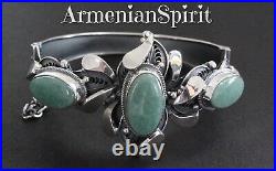 Armenian Spirit Silver 925 women cuff bracelet big green jade vintage old style