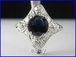 Art Deco Ring Blue Sapphire Old Mine Diamond Vintage Style Estate Retro Filigree