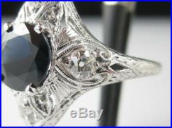 Art Deco Ring Blue Sapphire Old Mine Diamond Vintage Style Estate Retro Filigree