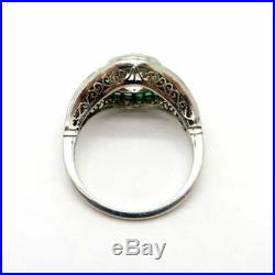 Art Deco Style Old Mine Cut Cubic Zirconia & Emerald Vintage Ring In 925 Silver