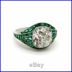Art Deco Style Old Mine Cut Cubic Zirconia & Emerald Vintage Ring In 925 Silver