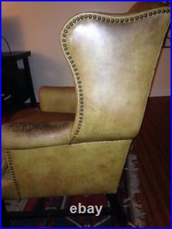 Biege Leather Wing Back Chair Studded Chippendale Style 103 years old WW1 period