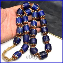 Big size Vintage Venetian Style Old Blue Chevron Glass Beads Long Strand Ch-2