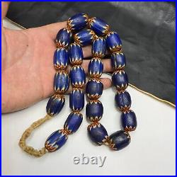 Big size Vintage Venetian Style Old Blue Chevron Glass Beads Long Strand Ch-2