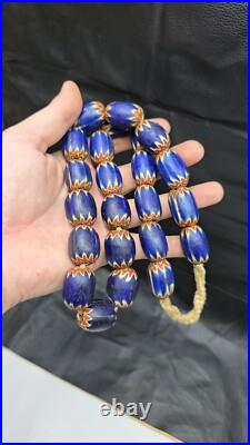 Big size Vintage Venetian Style Old Blue Chevron Glass Beads Long Strand Ch-2
