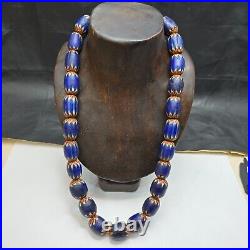 Big size Vintage Venetian Style Old Blue Chevron Glass Beads Long Strand Ch-2