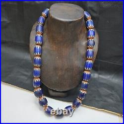 Big size Vintage Venetian Style Old Blue Chevron Glass Beads Long Strand Ch-2
