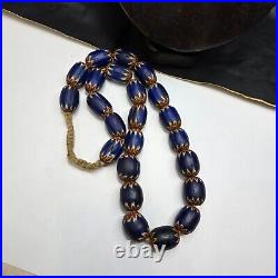 Big size Vintage Venetian Style Old Blue Chevron Glass Beads Long Strand Ch-2