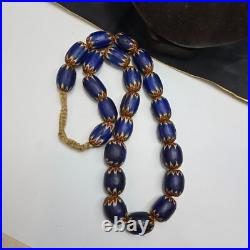 Big size Vintage Venetian Style Old Blue Chevron Glass Beads Long Strand Ch-2