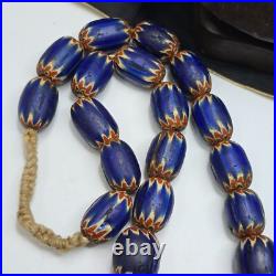 Big size Vintage Venetian Style Old Blue Chevron Glass Beads Long Strand Ch-2
