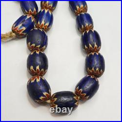 Big size Vintage Venetian Style Old Blue Chevron Glass Beads Long Strand Ch-2