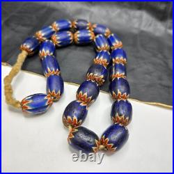 Big size Vintage Venetian Style Old Blue Chevron Glass Beads Long Strand Ch-2