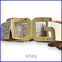 Dolce & Gabbana NWOT Y2K Tan Leather BLING BELT - Logo Gold Buckle Mobwife