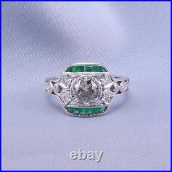 Edwardian Style Old Old European Cut Diamond and Emerald Engagement Ring