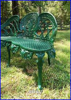 English Garden Bench Victorian Old Style Cane Seat Metal Green Paint