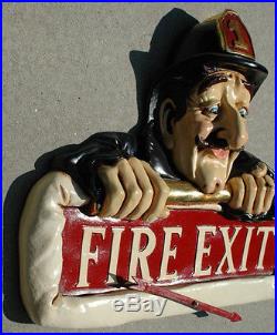 Fire Exit Sign Old Man Fireman w Hat Arrow Vintage Antique Style Store Shop Bar