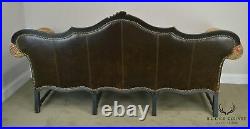French Louis XIV Style Old Hickory Tannery Tufted Brown Leather & Paisley Sofa