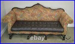 French Louis XIV Style Old Hickory Tannery Tufted Brown Leather & Paisley Sofa