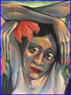 GAUGUIN STYLE ANTIQUE MODERN CUBISM ISLAND WOMAN OIL PAINTING OLD VINTAGE 1940s