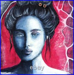 Girl Portrait Original Textured Modern Art Blue Grey Pink Wall Decor, 11x11