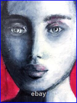 Girl Portrait Original Textured Modern Art Blue Grey Pink Wall Decor, 11x11