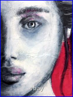Girl Portrait Original Textured Modern Art Blue Grey Pink Wall Decor, 11x11