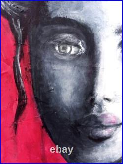 Girl Portrait Original Textured Modern Art Blue Grey Pink Wall Decor, 11x11