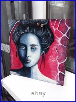 Girl Portrait Original Textured Modern Art Blue Grey Pink Wall Decor, 11x11