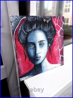 Girl Portrait Original Textured Modern Art Blue Grey Pink Wall Decor, 11x11