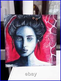 Girl Portrait Original Textured Modern Art Blue Grey Pink Wall Decor, 11x11