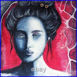 Girl Portrait Original Textured Modern Art Blue Grey Pink Wall Decor, 11x11