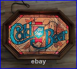 Heileman's Old Style Beer Sign Vintage 1981 Lighted Faux Wood Stained Glass