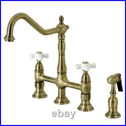 Kingston Brass KS1273PXBS Kitchen Bridge Faucet with Side Sprayer, Antique Brass