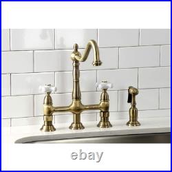 Kingston Brass KS1273PXBS Kitchen Bridge Faucet with Side Sprayer, Antique Brass