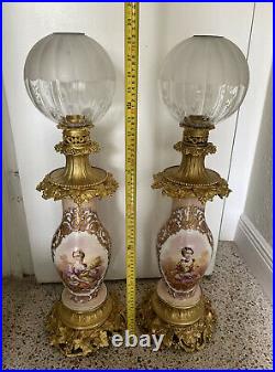 Large Antique Old Paris Pair of Porcelain Lamp Sevres Style 30 Tall