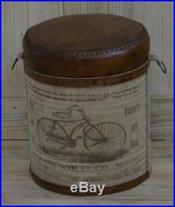 Leather & Canvas Stool Vintage style Bicycle print Recycled Old Tin Base