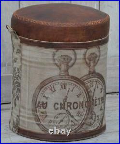 Leather & Canvas Stool Vintage style Pocket Watch print Recycled Old Tin Base