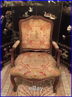 Louis XV Style French Needlepoint Hand Carved Wood Chair Vintage Wooden Seat Old