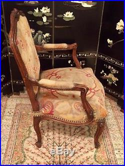Louis XV Style French Needlepoint Hand Carved Wood Chair Vintage Wooden Seat Old