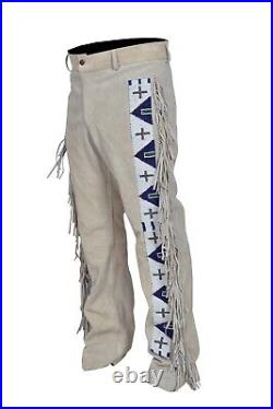 Men Old Style American Western Suede Buckskin Buffalo Leather Long Beaded Pants