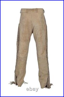 Men Old Style American Western Suede Buckskin Buffalo Leather Long Beaded Pants